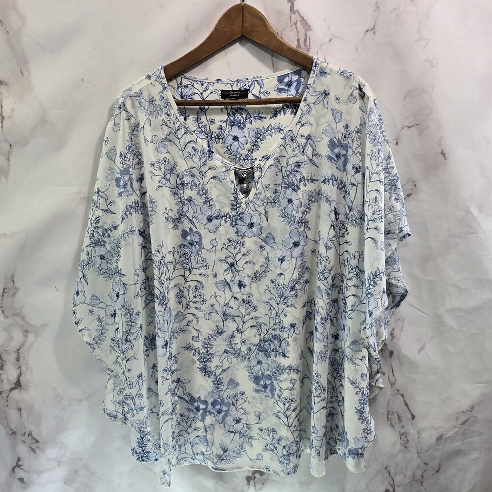 Cocomo Shirt Womens 3X Blue White Floral Blouse Flounce Flutter Sleeve Pearl Gem